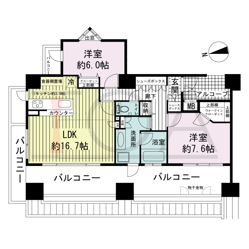 ワコーレ神戸北野セリュックスの間取り図 1邸　北西角住戸
2LDK　専有面積72.78m2
バルコニー面積35.03m2
アルコーブ面積4.50m2