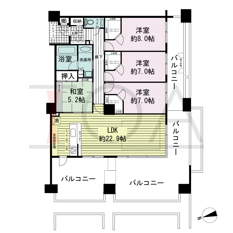 ワコーレ神戸北野セリュックスの間取り図 1邸　南西角住戸
4LDK　専有面積111.44m2
バルコニー面積59.40m2
アルコーブ面積3.30m2