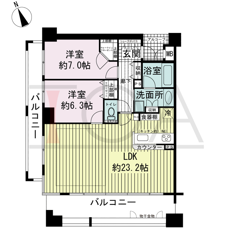 ワコーレ神戸北野セリュックスの間取り図 1邸　南西角住戸
2LDK　専有面積77.16m2
バルコニー面積24.25m2
アルコーブ面積2.66m2