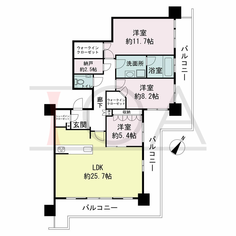 シティタワー神戸三宮の間取り図 東南角住戸
3SLDK 専有面積121.93m2