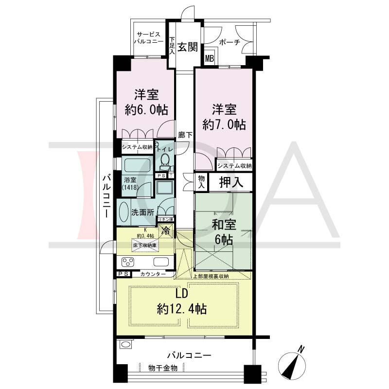 神戸山本通パークホームズの間取り図 A(A1)タイプ
全7邸　南東向き角住戸
3LD・K　専有面積80.85m2
ポーチ面積4.41m2
バルコニー面積20.28m2
※当間取図はAタイプになります。