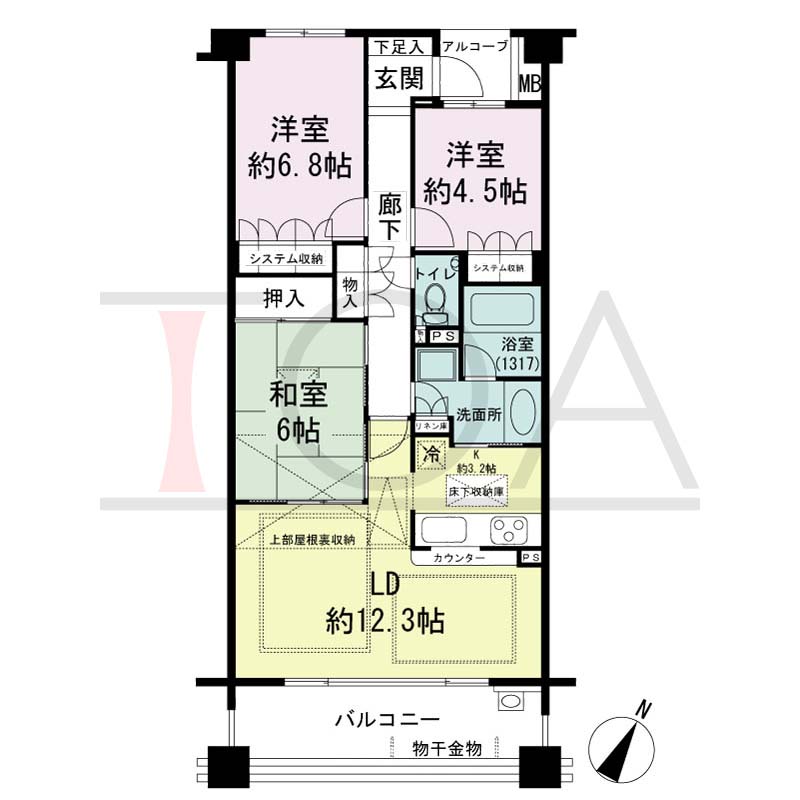 神戸山本通パークホームズの間取り図 BL(BR・BR1)タイプ
全13邸　南東向き住戸
3LD・K　専有面積74.55m2
アルコーブ面積1.96m2
バルコニー面積12.30m2
※当間取図はBLタイプになります。