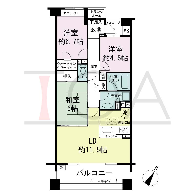 神戸山本通パークホームズの間取り図 D(D１)タイプ
全4邸　南東向き住戸
3LD・K　専有面積71.63m2
アルコーブ面積1.82m2
バルコニー面積12.30m2
※当間取図はDタイプになります。