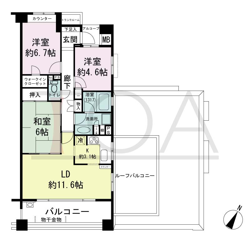 神戸山本通パークホームズの間取り図 D6タイプ
1邸　南東向き住戸
3LD・K　専有面積71.63m2
アルコーブ面積1.82m2
バルコニー面積12.30m2
ルーフバルコニー面積16.70m2