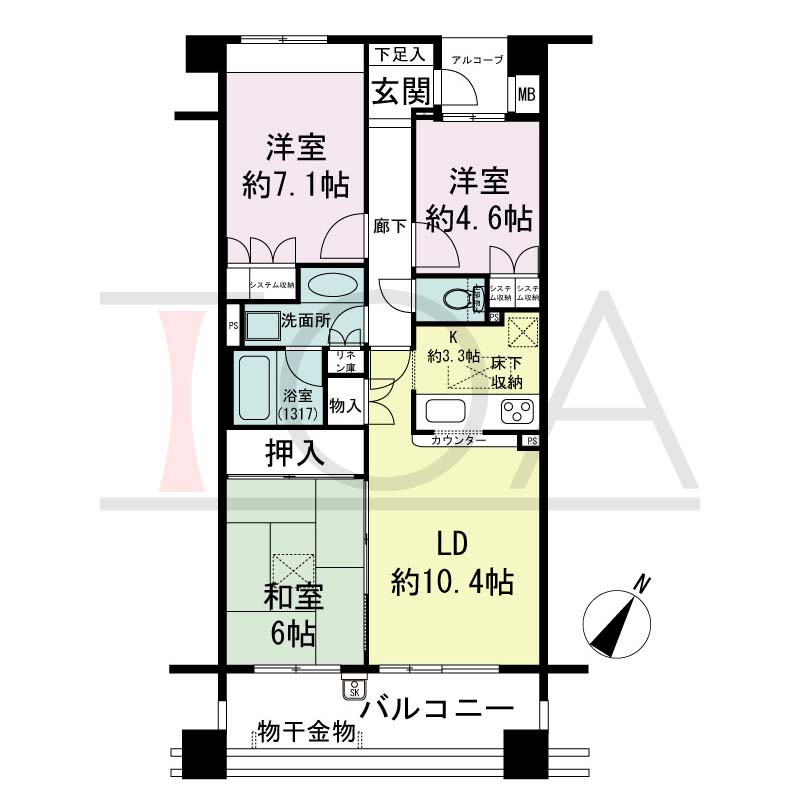 神戸山本通パークホームズの間取り図 E(E1)タイプ
全3邸　南東向き住戸
3LD・K　専有面積69.63m2
アルコーブ面積1.93m2
バルコニー面積12.30m2
※当間取図はEタイプになります。
