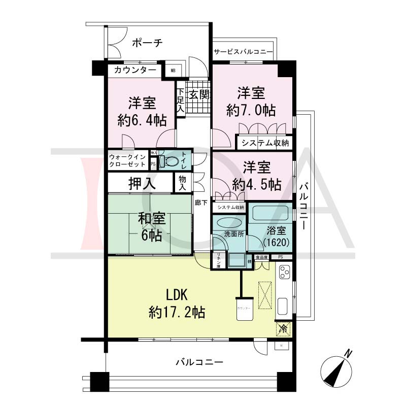 神戸山本通パークホームズの間取り図 F(F1)タイプ
全3邸　南東向き角住戸
4LDK　専有面積92.80m2
ポーチ面積8.00m2
バルコニー面積23.04m2
サービスバルコニー面積2.80m2
※当間取図はFタイプになります。
