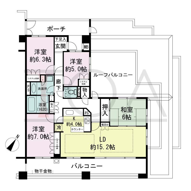 神戸山本通パークホームズの間取り図 Gタイプ
1邸　南東向き角住戸
4LD・K　専有面積102.11m2
ポーチ面積11.77m2
バルコニー面積23.50m2
ルーフバルコニー面積31.48m2