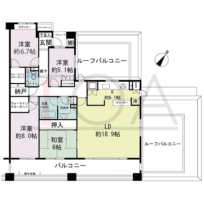 神戸山本通パークホームズの間取り図 Hタイプ
1邸　南東向き角住戸
4LD・K　専有面積116.52m2
アルコーブ面積1.82m2
バルコニー面積24.60m2
ルーフバルコニー面積38.82m2