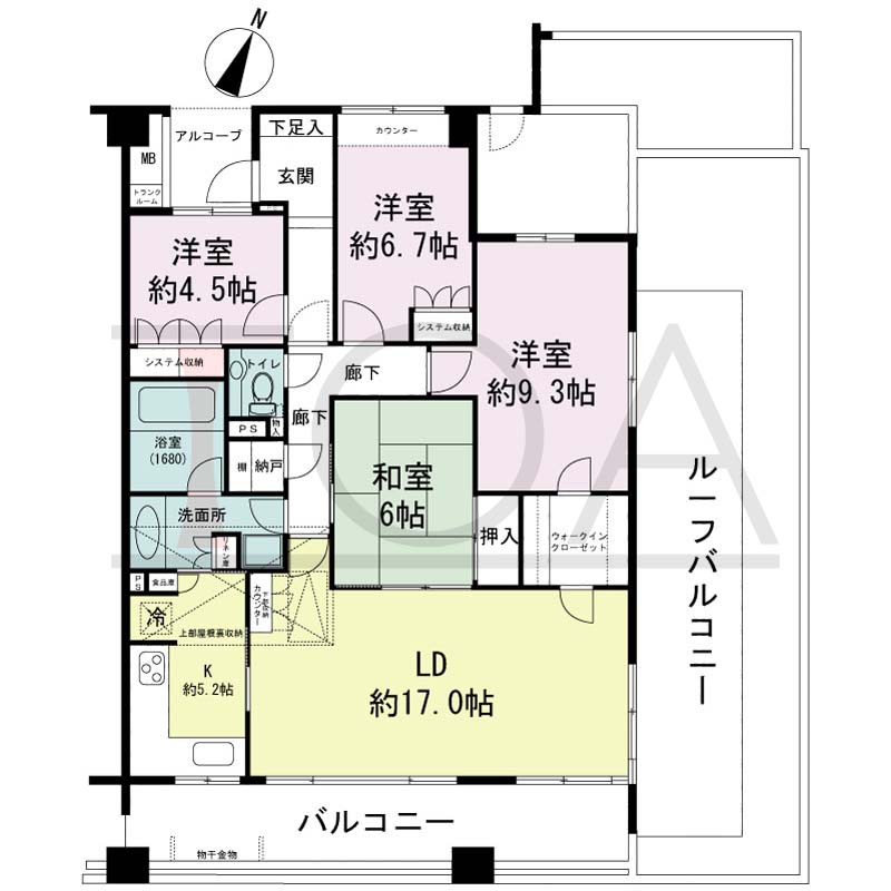 神戸山本通パークホームズの間取り図 Iタイプ
1邸　南東向き角住戸
4LDK　専有面積108.96m2
アルコーブ面積3.13m2
バルコニー面積19.10m2
ルーフバルコニー面積22.14m2