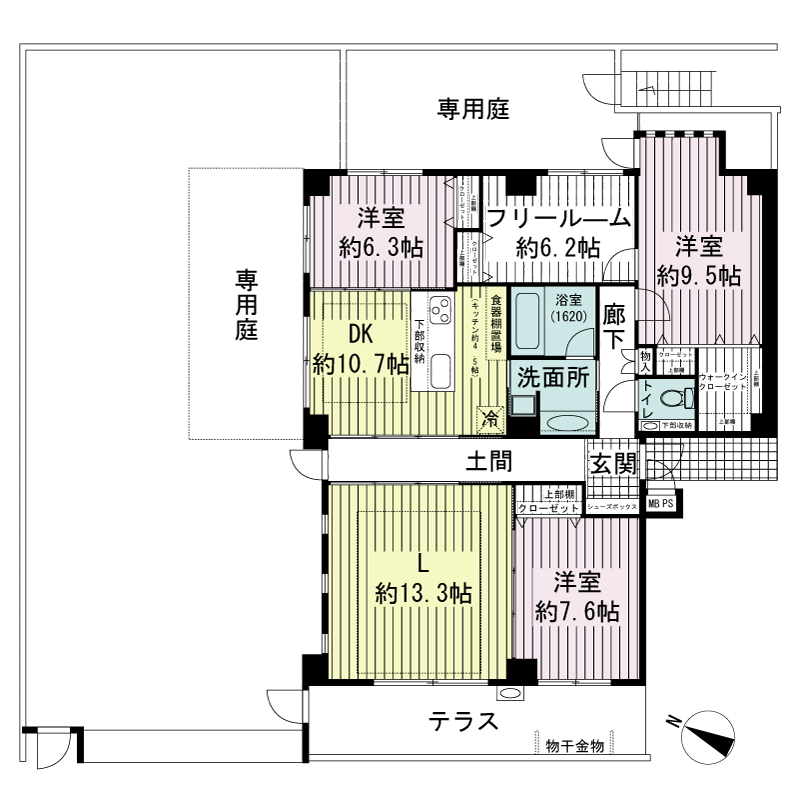 ワコーレ山本通ヴェルツィオの間取り図 1邸 南西角住戸
3LDK+F 専有面積119.01m2
テラス面積14.58m2
専用庭面積138.02m2