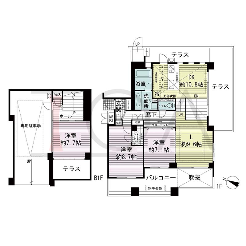 ワコーレ山本通ヴェルツィオの間取り図 1邸 南・西向き角住戸
3LDK 専有面積107.35m2
バルコニー面積12.01m2
テラス面積36.10m2
専用駐車場面積24.30m2