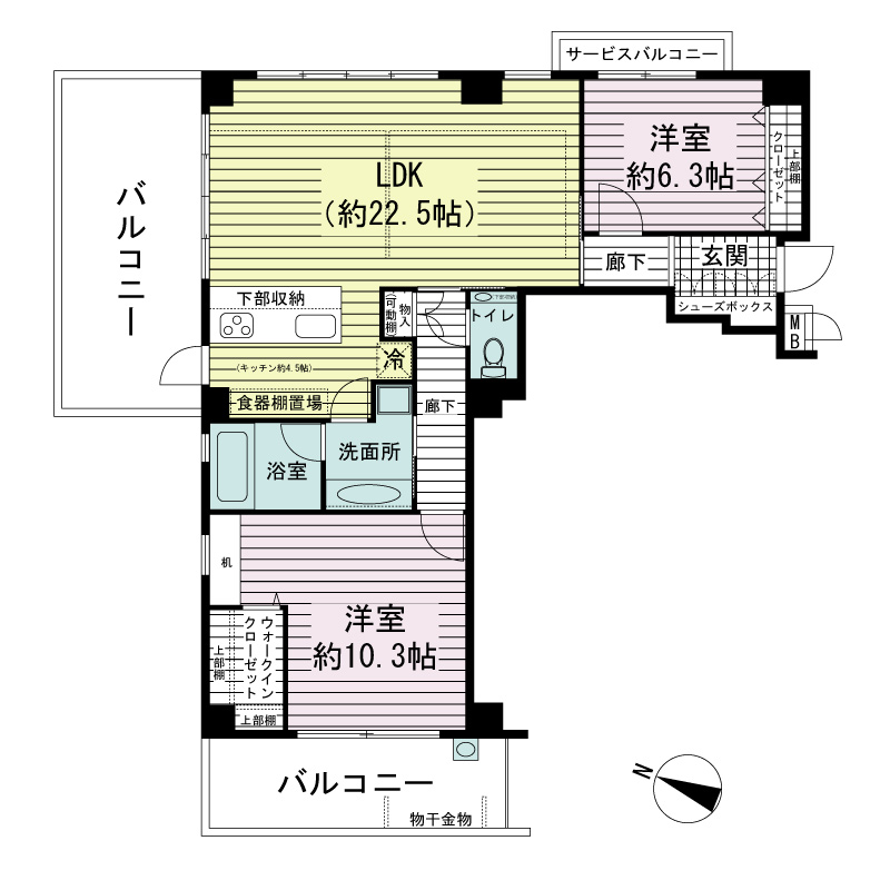 ワコーレ山本通ヴェルツィオの間取り図 全2邸 北・東向き角住戸
2LDK 専有面積89.24m2
バルコニー面積27.13m2
サービスバルコニー面積2.36m2