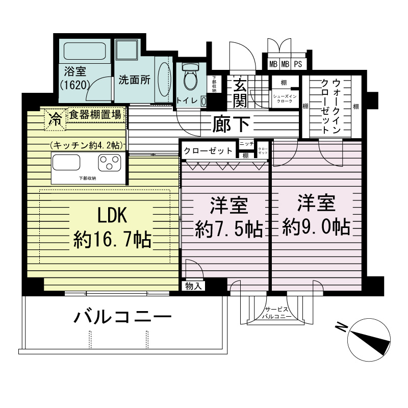 ワコーレ山本通ヴェルツィオの間取り図 全2邸 西向き住戸
2LDK 専有面積80.06m2
バルコニー面積10.12m2
サービスバルコニー面積1.35m2