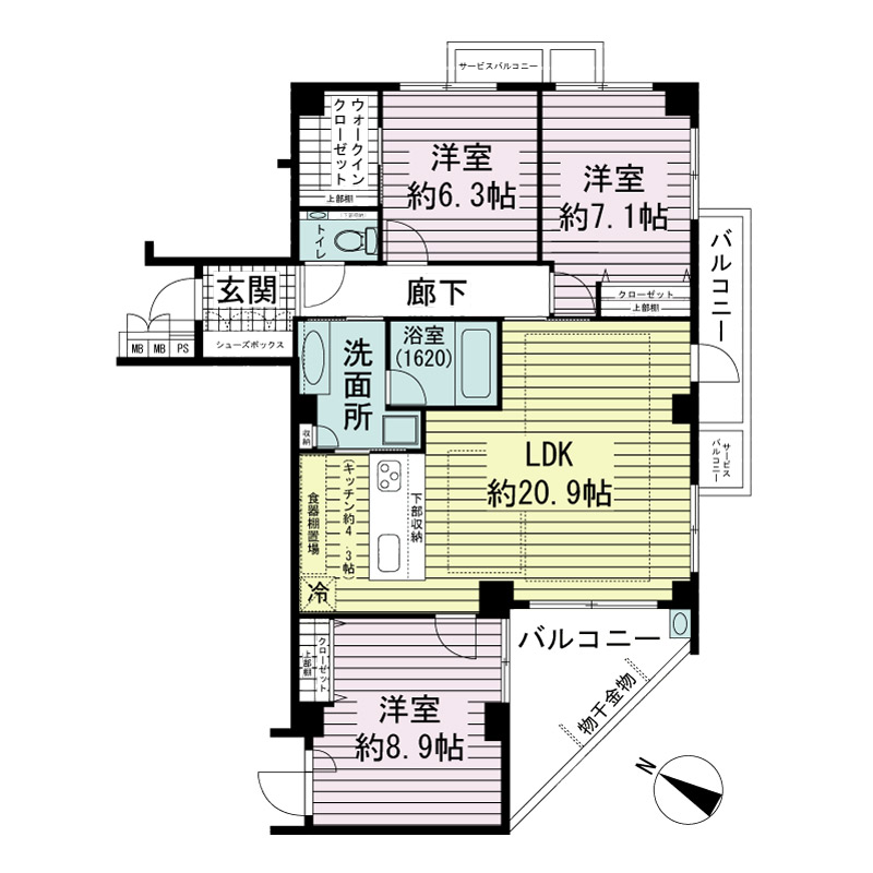 ワコーレ山本通ヴェルツィオの間取り図 全2邸 西・南向き角住戸
3LDK 専有面積95.66m2
バルコニー面積12.89m2
サービスバルコニー面積3.15m2