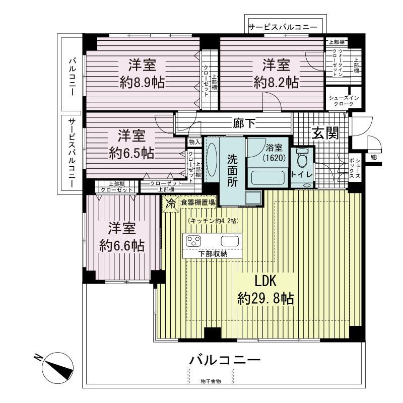 ワコーレ山本通ヴェルツィオの間取り図 1邸 北・西向き角住戸
4LDK 専有面積130.78m2
バルコニー面積30.19m2
サービスバルコニー面積5.58m2