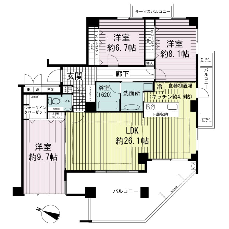 ワコーレ山本通ヴェルツィオの間取り図 1邸 西・南向き角住戸
3LDK 専有面積111.63m2
バルコニー面積28.13m2
サービスバルコニー面積4.20m2