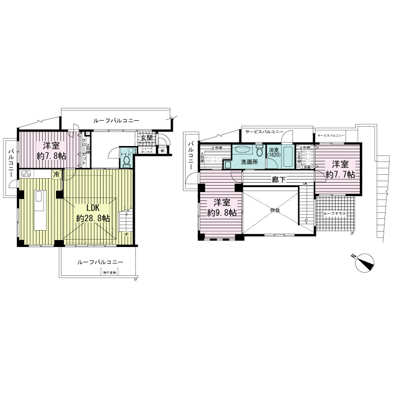 ワコーレ山本通ヴェルツィオの間取り図 1邸 西向き角住戸
3LDK 専有面積128.48m2
バルコニー面積8.24m2
サービスバルコニー面積11.64m2
ルーフバルコニー面積23.78m2
ルーフテラス面積7.39m2