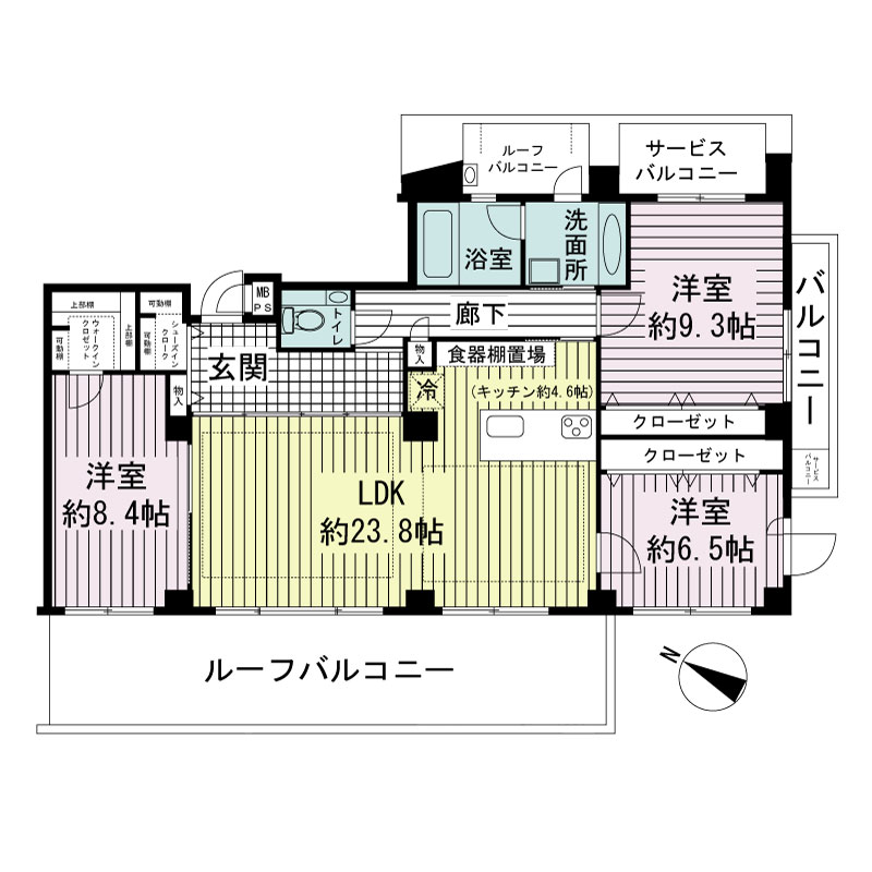 ワコーレ山本通ヴェルツィオの間取り図 1邸 西・南向き角住戸
3LDK 専有面積111.55m2
バルコニー面積5.45m2
サービスバルコニー面積5.40m2
