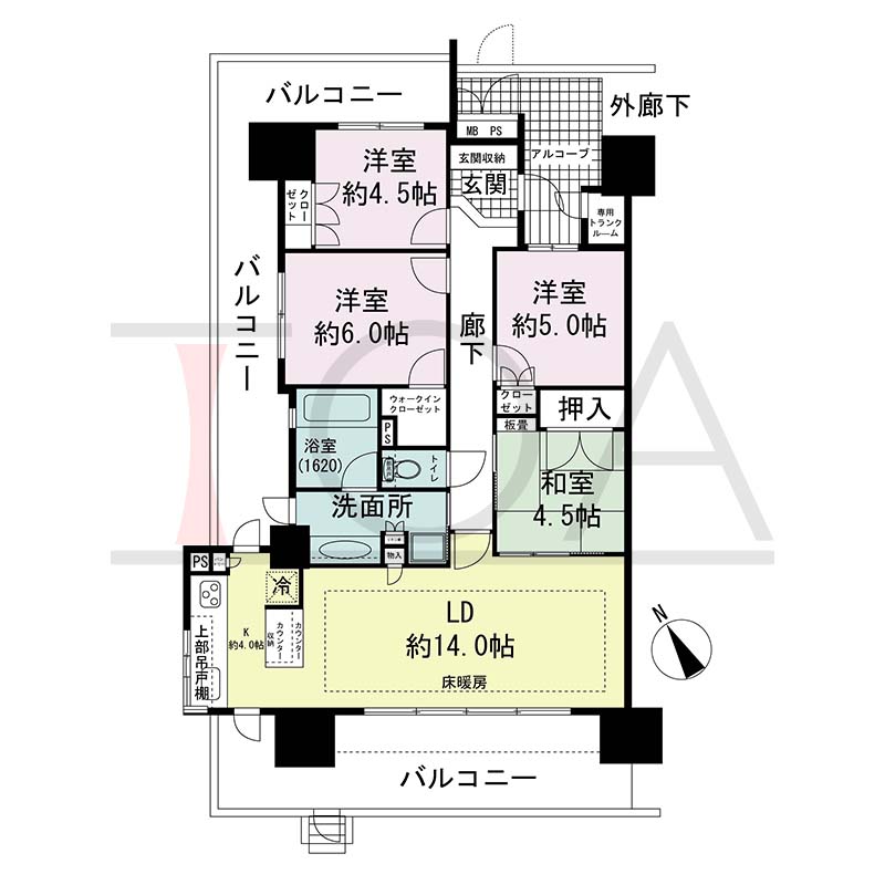 ザ・ライオンズ神戸ハーバーランドの間取り図 Aタイプ
全8邸 西南向き角住戸
4LDK 専有面積88.06m2
バルコニー面積35.88m2
アルコーブ面積6.94m2