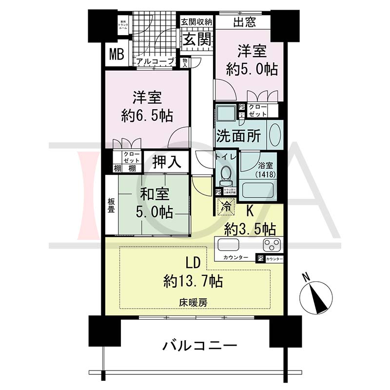 ザ・ライオンズ神戸ハーバーランドの間取り図 Bタイプ
全8邸 西南向き住戸
3LDK 専有面積76.30m2
バルコニー面積14.00m2
アルコーブ面積3.78m2