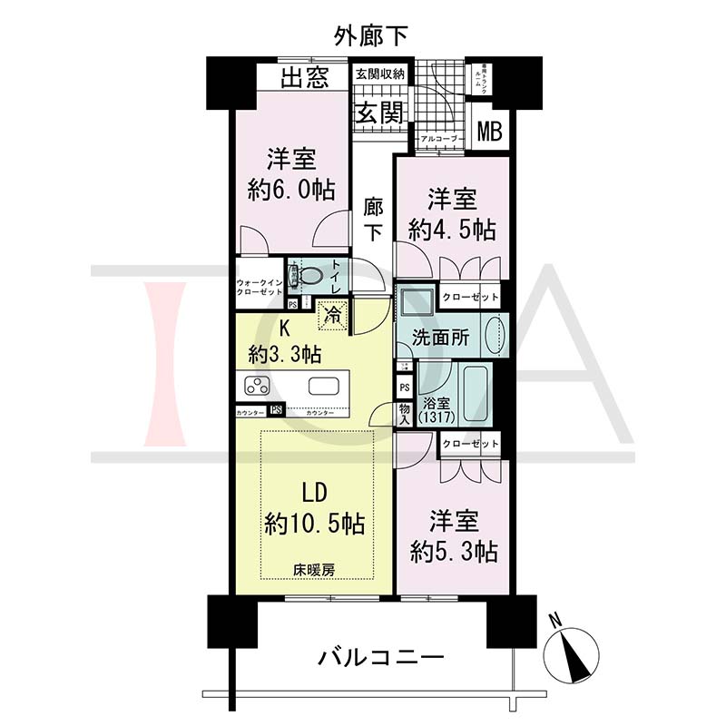 ザ・ライオンズ神戸ハーバーランドの間取り図 Cタイプ
全13邸 西南向き住戸
3LDK 専有面積67.25m2
バルコニー面積12.20m2
アルコーブ面積2.40m2