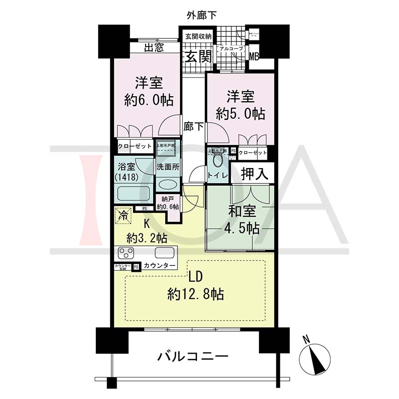 ザ・ライオンズ神戸ハーバーランドの間取り図 Dタイプ
全13邸 西南向き住戸
3LDK+N 専有面積71.08m2
バルコニー面積13.00m2
アルコーブ面積2.04m2