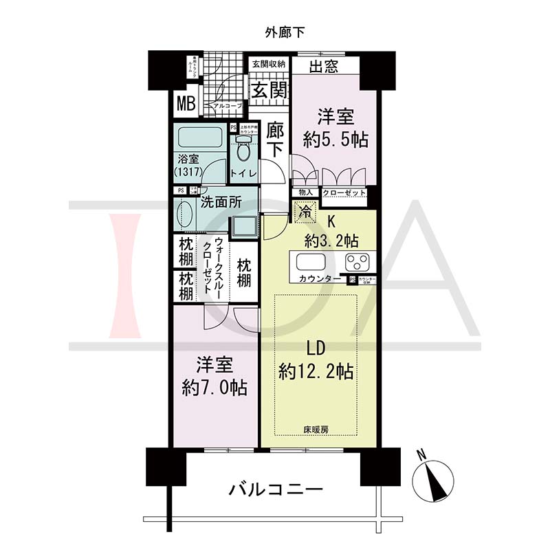 ザ・ライオンズ神戸ハーバーランドの間取り図 Eタイプ
全13邸 西南向き住戸
2LDK 専有面積67.21m2
バルコニー面積12.20m2
アルコーブ面積2.50m2