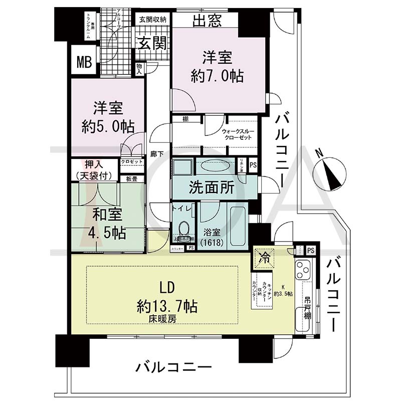 ザ・ライオンズ神戸ハーバーランドの間取り図 Fタイプ
全13邸 西南向き角住戸
3LDK 専有面積83.59m2
バルコニー面積35.15m2
アルコーブ面積2.93m2