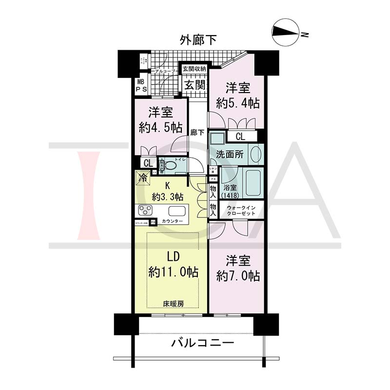 ザ・ライオンズ神戸ハーバーランドの間取り図 Hタイプ
全13邸 東向き住戸
3LDK 専有面積70.74m2
バルコニー面積12.30m2
アルコーブ面積4.34m2
