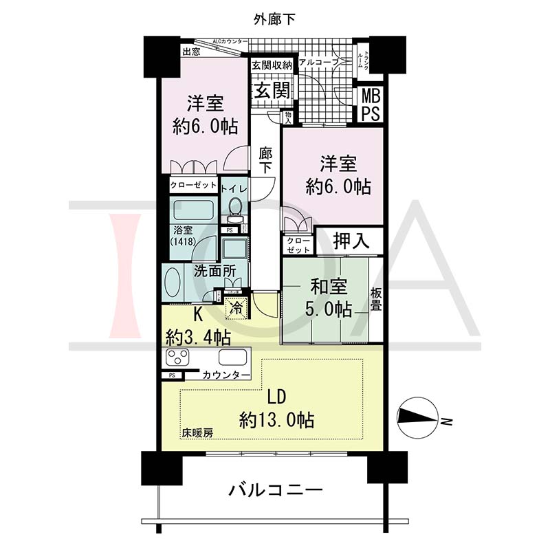 ザ・ライオンズ神戸ハーバーランドの間取り図 Iタイプ
全13邸 東向き住戸
3LDK 専有面積 76.29m2
バルコニー面積13.50m2
アルコーブ面積4.84m2