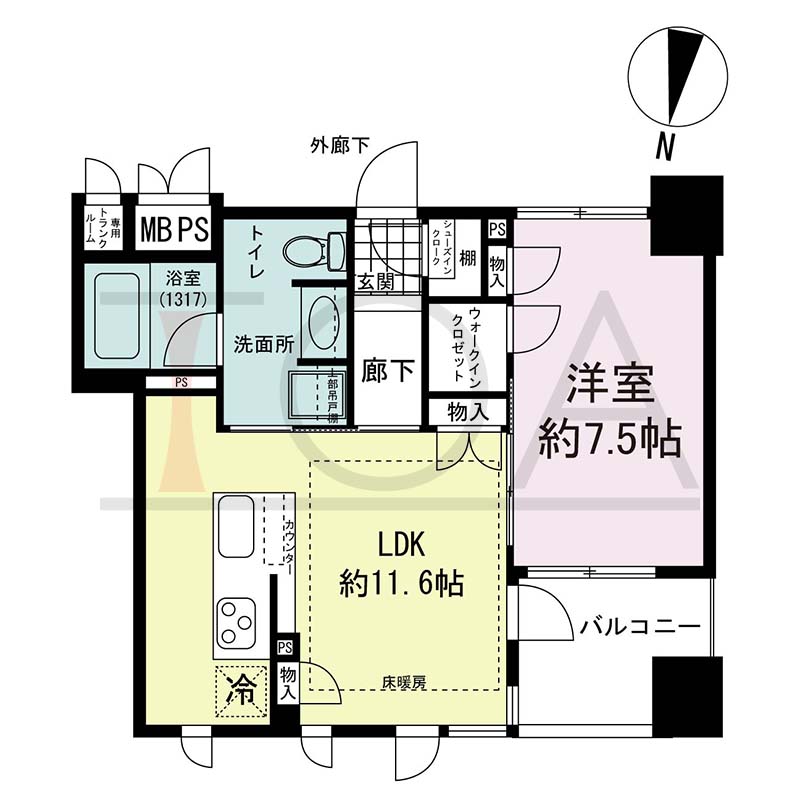 ザ・ライオンズ神戸ハーバーランドの間取り図 Mタイプ
全13邸 北向き住戸
1LDK 専有面積45.78m2
バルコニー面積4.76m2