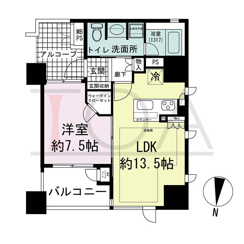 ザ・ライオンズ神戸ハーバーランドの間取り図 Nタイプ
全13邸 北向き角住戸
1LDK 専有面積50.71m2
バルコニー面積5.79m2
アルコーブ面積5.61m2