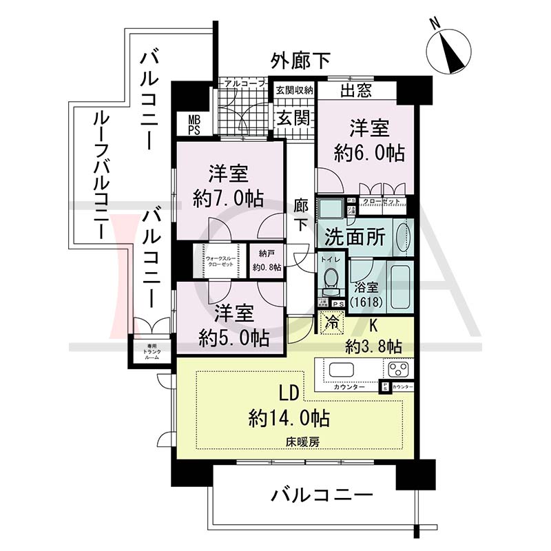ザ・ライオンズ神戸ハーバーランドの間取り図 P1タイプ
全1邸 西南向き角住戸
3LDK+N 専有面積82.91m2
バルコニー面積22.27m2
ルーフバルコニー面積13.48m2
アルコーブ面積2.80m2