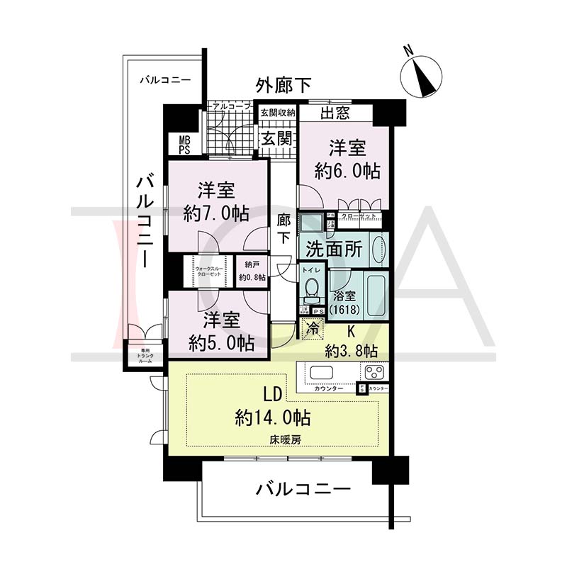 ザ・ライオンズ神戸ハーバーランドの間取り図 P2タイプ
全3邸 西南向き角住戸
3LDK+N 専有面積82.91m2
バルコニー面積28.36m2
アルコーブ面積2.80m2