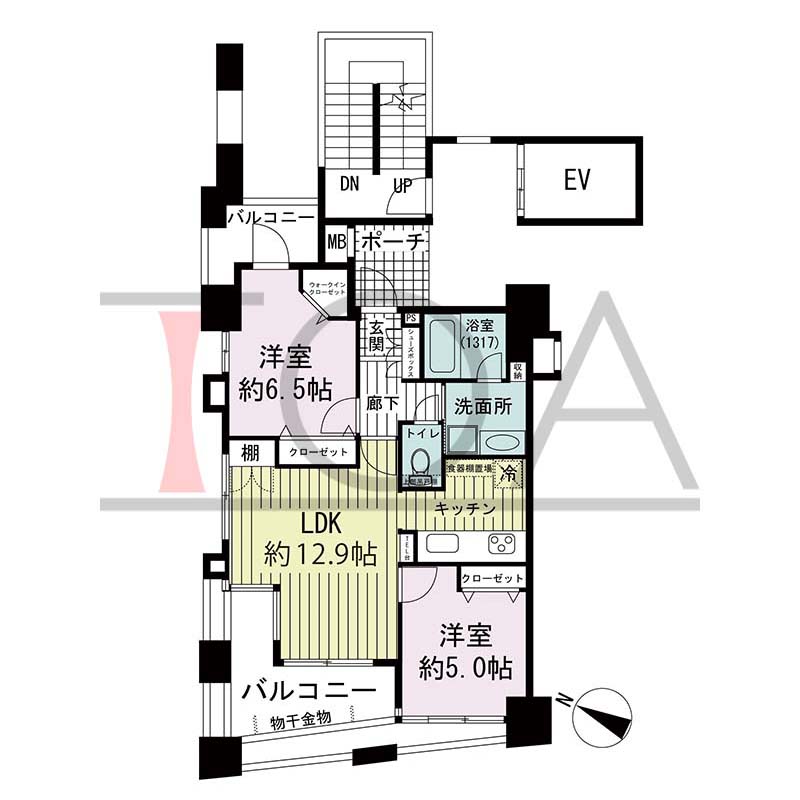 ワコーレディ・アルクス三宮の間取り図 A1タイプ
全5邸　西向き角住戸
2LDK　専有面積53.06m2
バルコニー面積11.37m2
ポーチ面積2.88m2