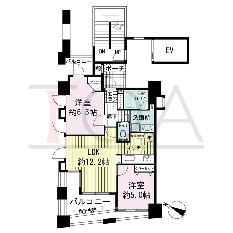 ワコーレディ・アルクス三宮の間取り図 Aタイプ
全2邸　西向き角住戸
2LDK　専有面積52.90m2
バルコニー面積11.53m2
ポーチ面積2.88m2
