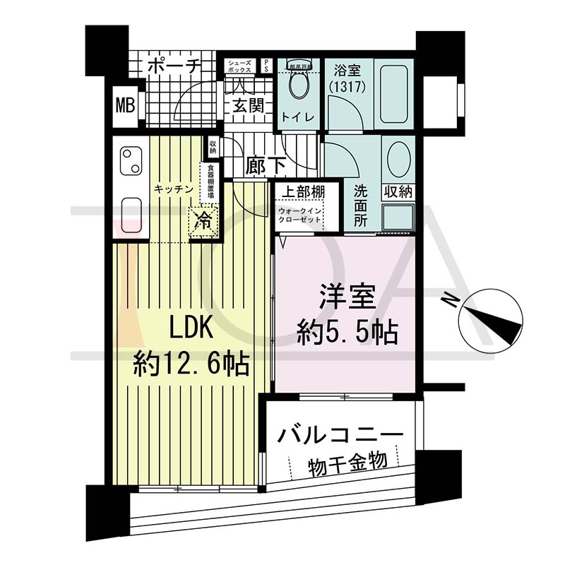 ワコーレディ・アルクス三宮の間取り図 Bタイプ
全8邸　西向き住戸
1LDK　専有面積42.41m2
バルコニー面積5.62m2
ポーチ面積2.68m2