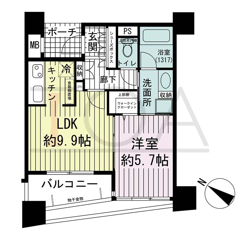 ワコーレディ・アルクス三宮の間取り図 Cタイプ
全8邸　西向き住戸
1LDK　専有面積40.20m2
バルコニー面積6.69m2
ポーチ面積2.62m2
