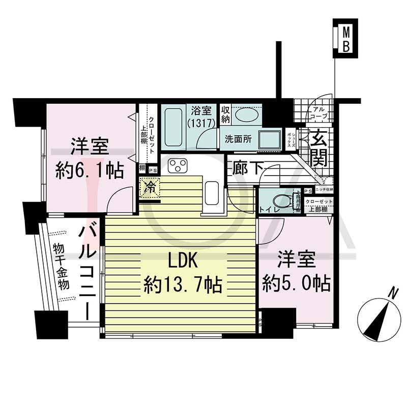 ワコーレディ・アルクス三宮の間取り図 Dタイプ
全8邸　西向き角住戸
2LDK　専有面積55.00m2
バルコニー面積6.53m2
アルコーブ面積1.26m2