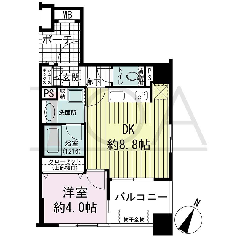 ワコーレディ・アルクス三宮の間取り図 Eタイプ
全3邸　南東向き角住戸
1DK　専有面積32.36m2
バルコニー面積5.03m2
ポーチ面積2.86m2