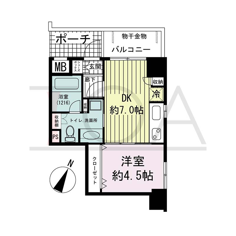 ワコーレディ・アルクス三宮の間取り図 Fタイプ
全3邸　北向き住戸
1DK　専有面積30.61m2
バルコニー面積4.90m2(2F) 3.92m2(3F・4F)
ポーチ面積3.50m2