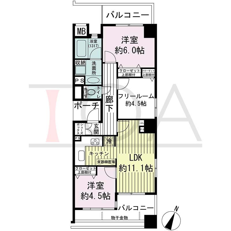 ワコーレディ・アルクス三宮の間取り図 Gタイプ
全5邸　南東向き角住戸
2LDK＋F　専有面積60.75m2
バルコニー面積12.28m2
ポーチ面積2.59m2