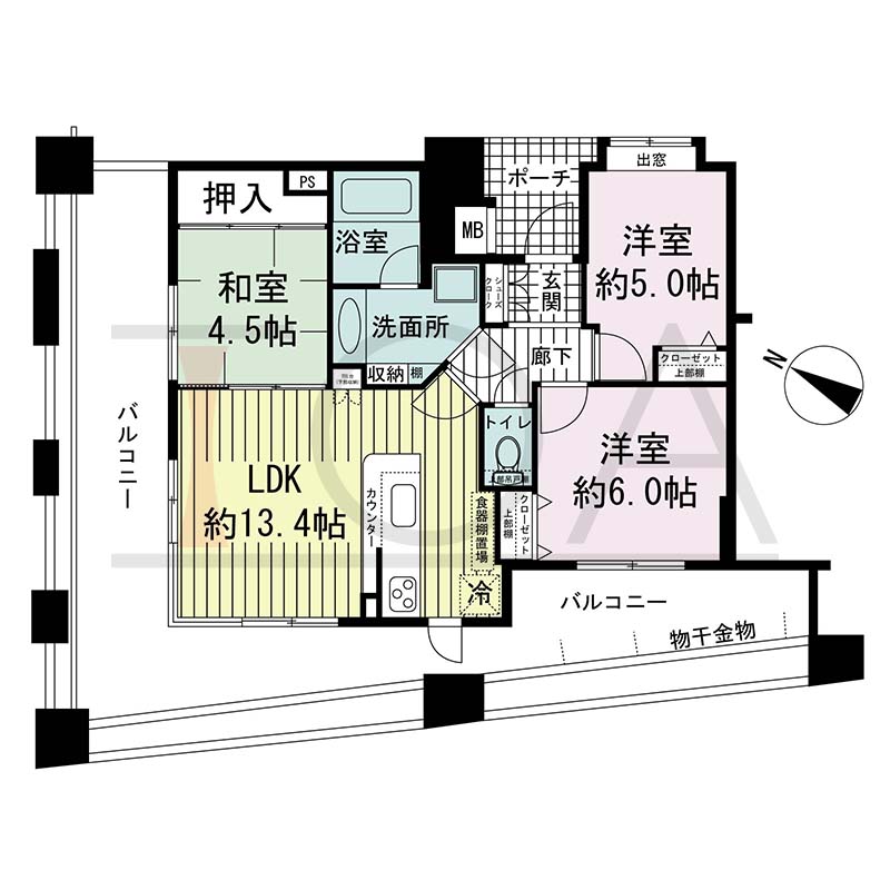 ワコーレディ・アルクス三宮の間取り図 Hタイプ(スタンダードプラン)
全3邸　北・西向き角住戸
3LDK　専有面積65.50m2
バルコニー面積37.39m2
ポーチ面積2.68m2