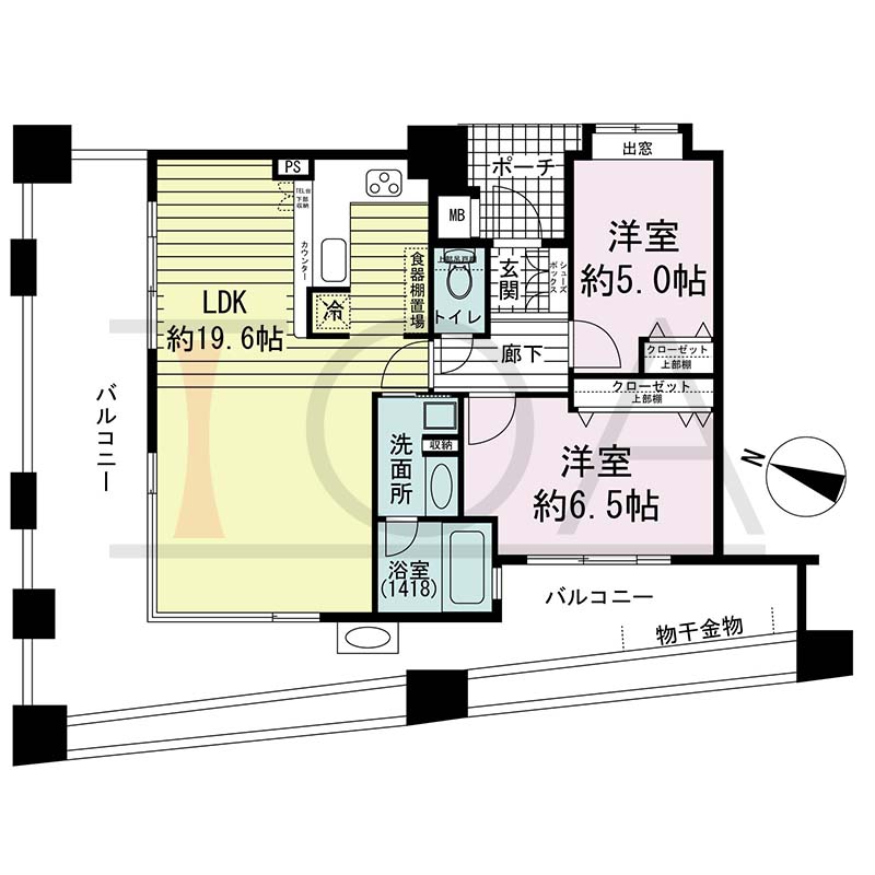 ワコーレディ・アルクス三宮の間取り図 Hタイプ(スペシャルプラン)
全3邸　北・西向き角住戸
2LDK　専有面積65.50m2
バルコニー面積37.39m2
ポーチ面積2.68m2