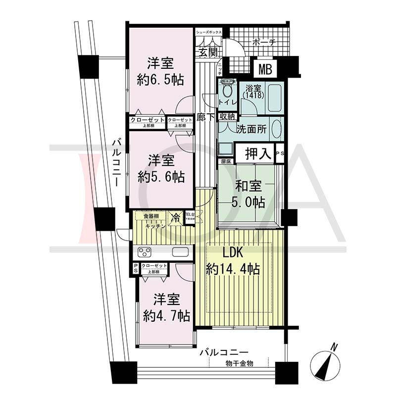 ワコーレディ・アルクス三宮の間取り図 Iタイプ(スタンダードプラン)
全3邸　南・西向き角住戸
4LDK　専有面積80.17m2
バルコニー面積25.96m2
ポーチ面積4.30m2