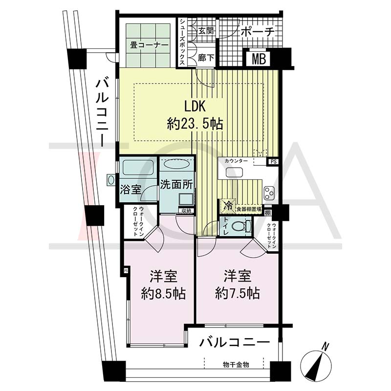 ワコーレディ・アルクス三宮の間取り図 Iタイプ(スペシャルプラン)
全3邸　南・西向き角住戸
2LDK　専有面積80.17m2
バルコニー面積25.96m2
ポーチ面積4.30m2