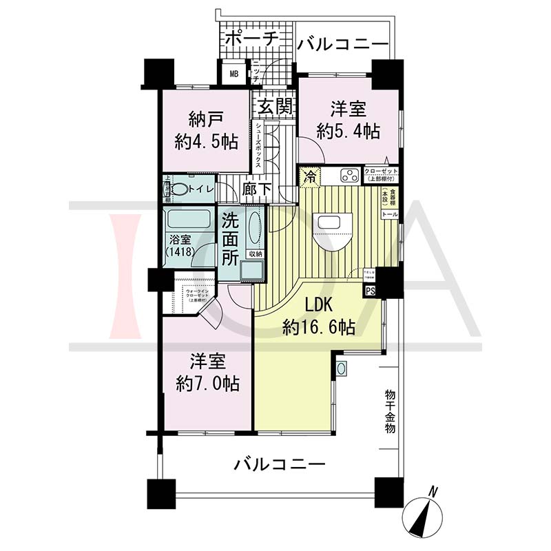 ワコーレディ・アルクス三宮の間取り図 Jタイプ(スペシャルプラン)
全3邸　南東向き角住戸
2LDK＋DEN 専有面積72.69m2
バルコニー面積25.87m2
ポーチ面積3.99m2