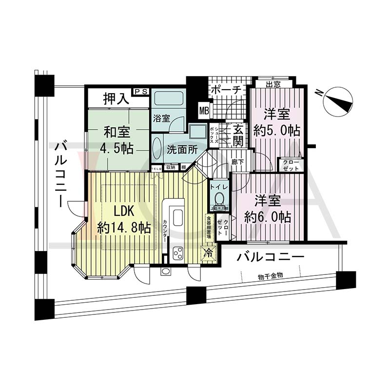 ワコーレディ・アルクス三宮の間取り図 Kタイプ(スタンダードプラン)
全2邸　北・西向き角住戸
3LDK　専有面積67.72m2
バルコニー面積35.17m2
ポーチ面積2.68m2