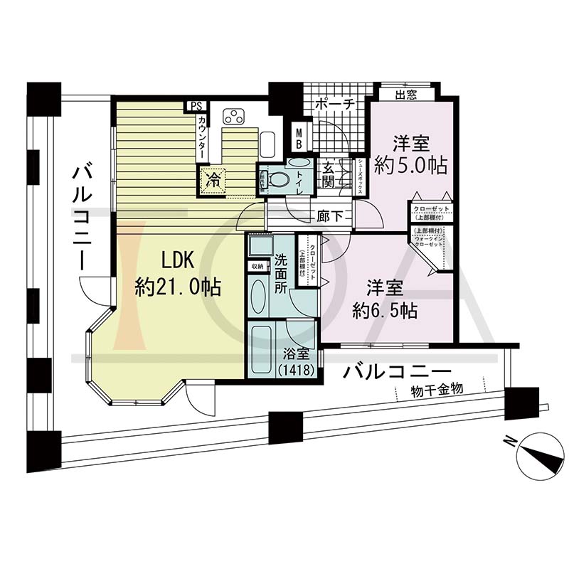 ワコーレディ・アルクス三宮の間取り図 Kタイプ(スペシャルプラン)
全2邸　北・西向き角住戸
2LDK　専有面積67.72m2
バルコニー面積35.17m2
ポーチ面積2.68m2