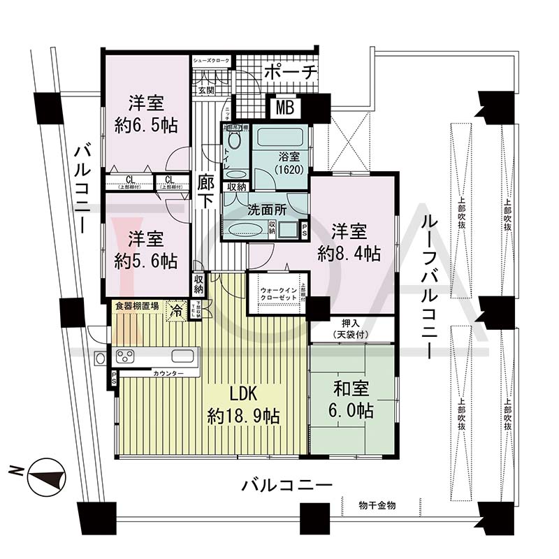ワコーレディ・アルクス三宮の間取り図 Lタイプ(スタンダードプラン)
全2邸　北・西・南向き角住戸
4LDK　専有面積100.21m2
バルコニー面積60.13m2
ルーフバルコニー面積35.31m2
ポーチ面積4.30m2